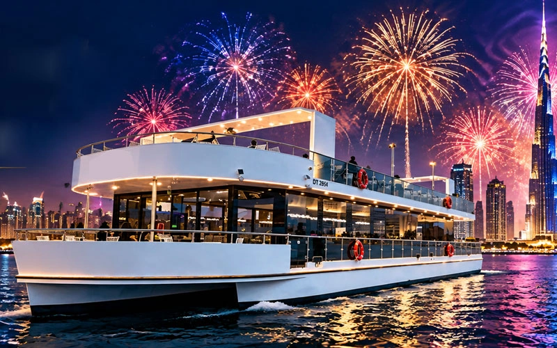 Creek luxury yacht on Dubai Creek with Burj Khalifa New Year fireworks