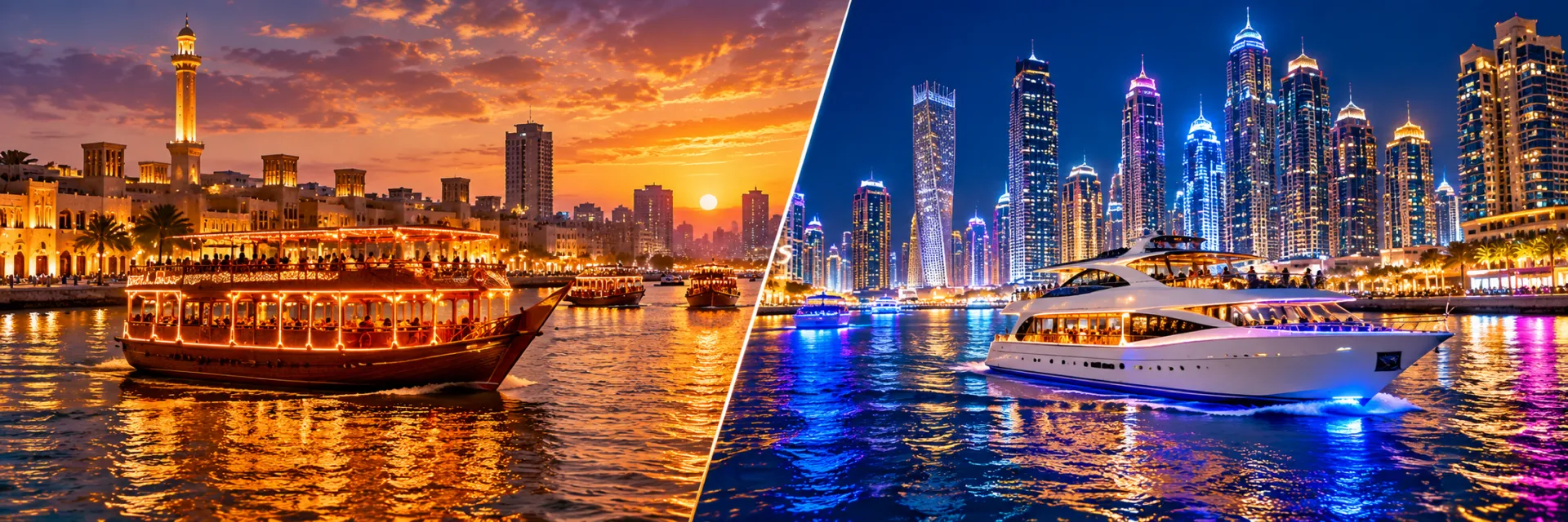 Traditional dhow on Dubai Creek at sunset beside a luxury yacht under the Dubai Marina skyline