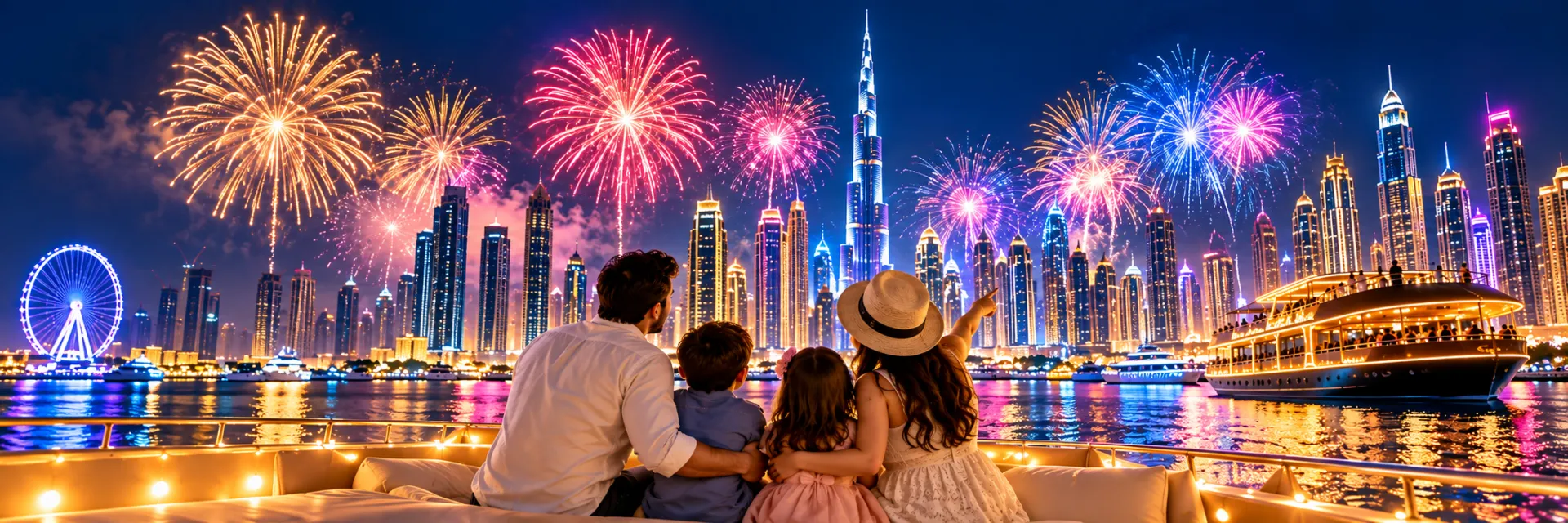 Family watching New Year fireworks over the Dubai skyline from a yacht