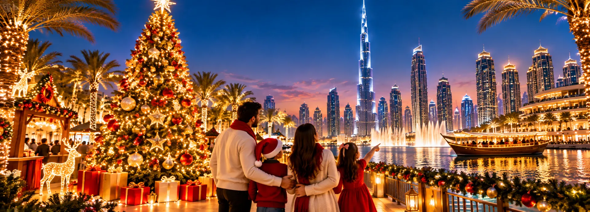 Family by a lit Christmas tree watching the Dubai Fountain and Burj Khalifa in Downtown Dubai