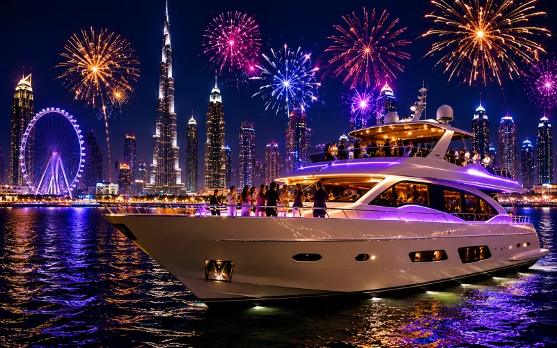 Luxury yacht party in Dubai on New Year's Eve with fireworks