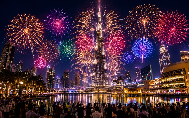 New Year fireworks over Burj Khalifa in Downtown Dubai