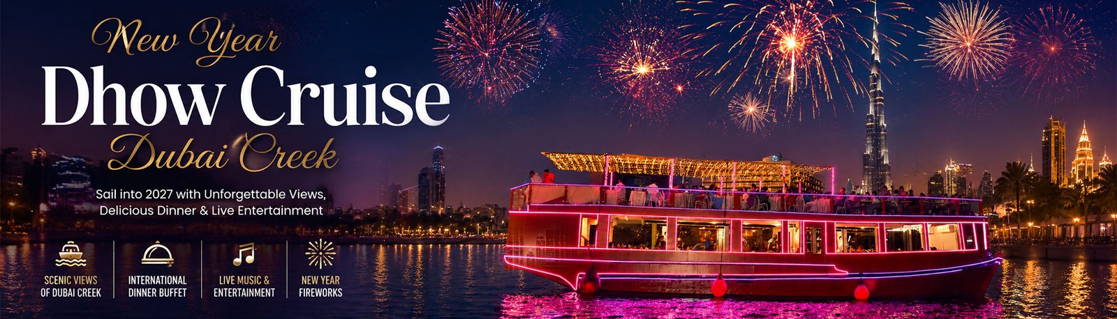 Traditional wooden dhow cruising Dubai Creek at dusk