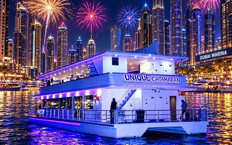 Modern catamaran cruise in Dubai Marina on New Year's Eve