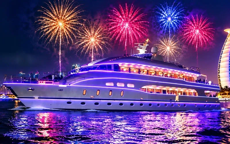 Yacht party with Burj Al Arab New Year fireworks in Dubai